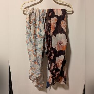 NWT Bundle Of 2 Artsy Scarves - Birds And Floral Print Lightweight Gauze